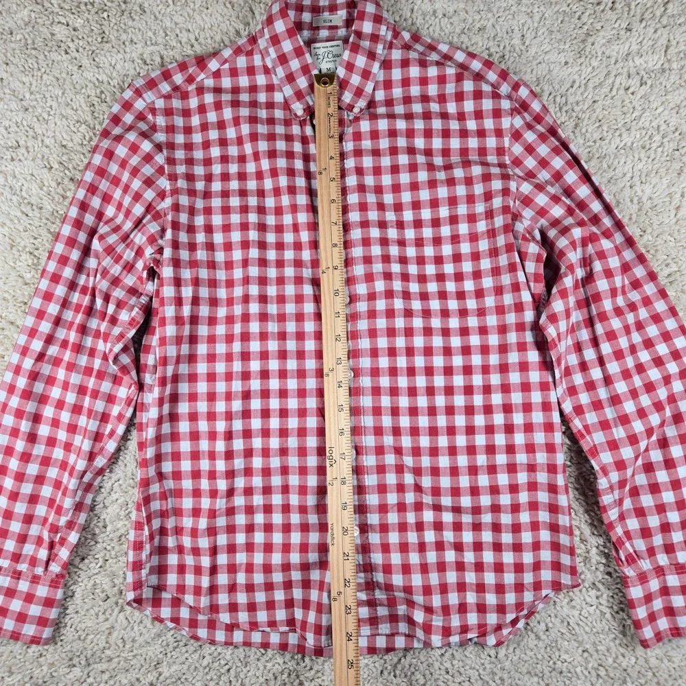 JCrew Mens Secret Wash Stretch Shirt Medium Short Slim Red White Gingham Check